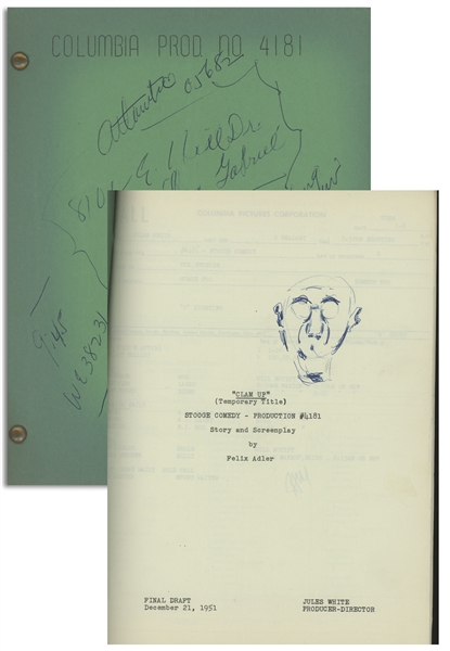 Moe Howards 21pp. Script Dated December 1951 for the Stooges Film He Cooked His Goose -- With Drawing on Title Page & Notes by Moe on Cover Including Address of Baldy View, Where Curly Died